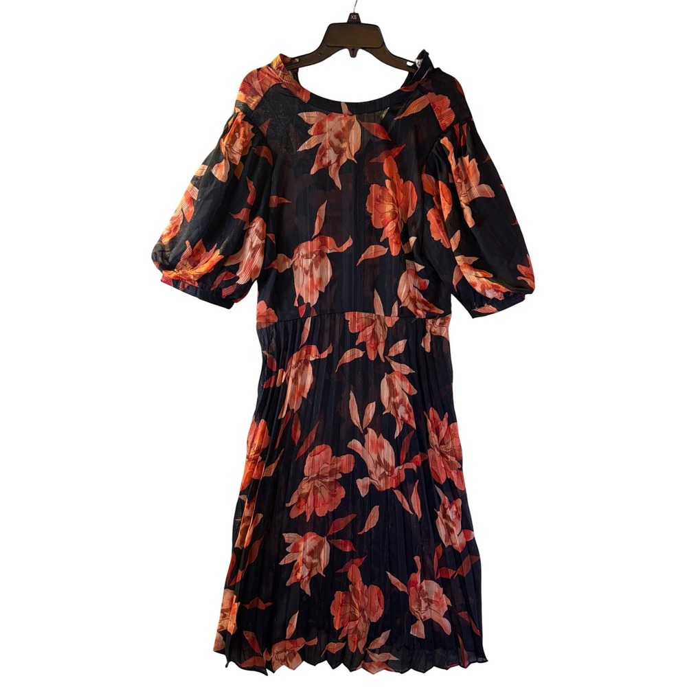 Nanette Lepore Pleated Floral Midi Dress Sz 16 Black Metallic Puff Slv NEW